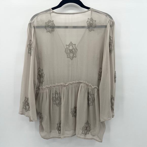 Chan Luu Beaded Sheer Top Womens Medium Light Beige Silver Flowy - Picture 3 of 10